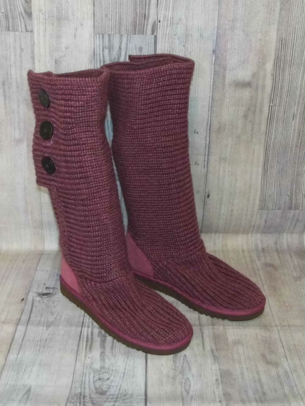 UGG Classic Cardy Tall Burgundy Knit/Sheepskin Footbed Boots Womens Size 9
